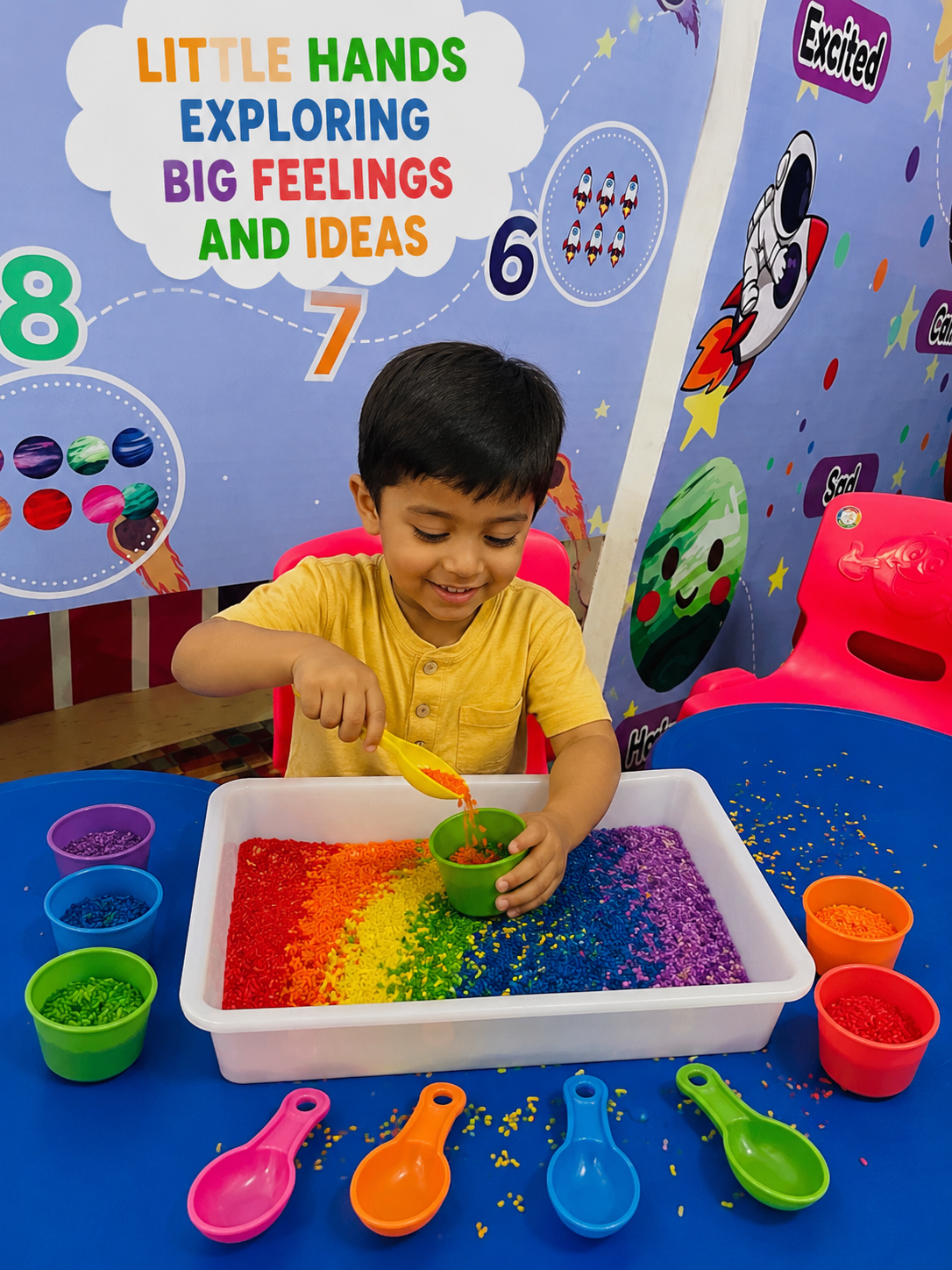 Child exploring sensory materials with hands